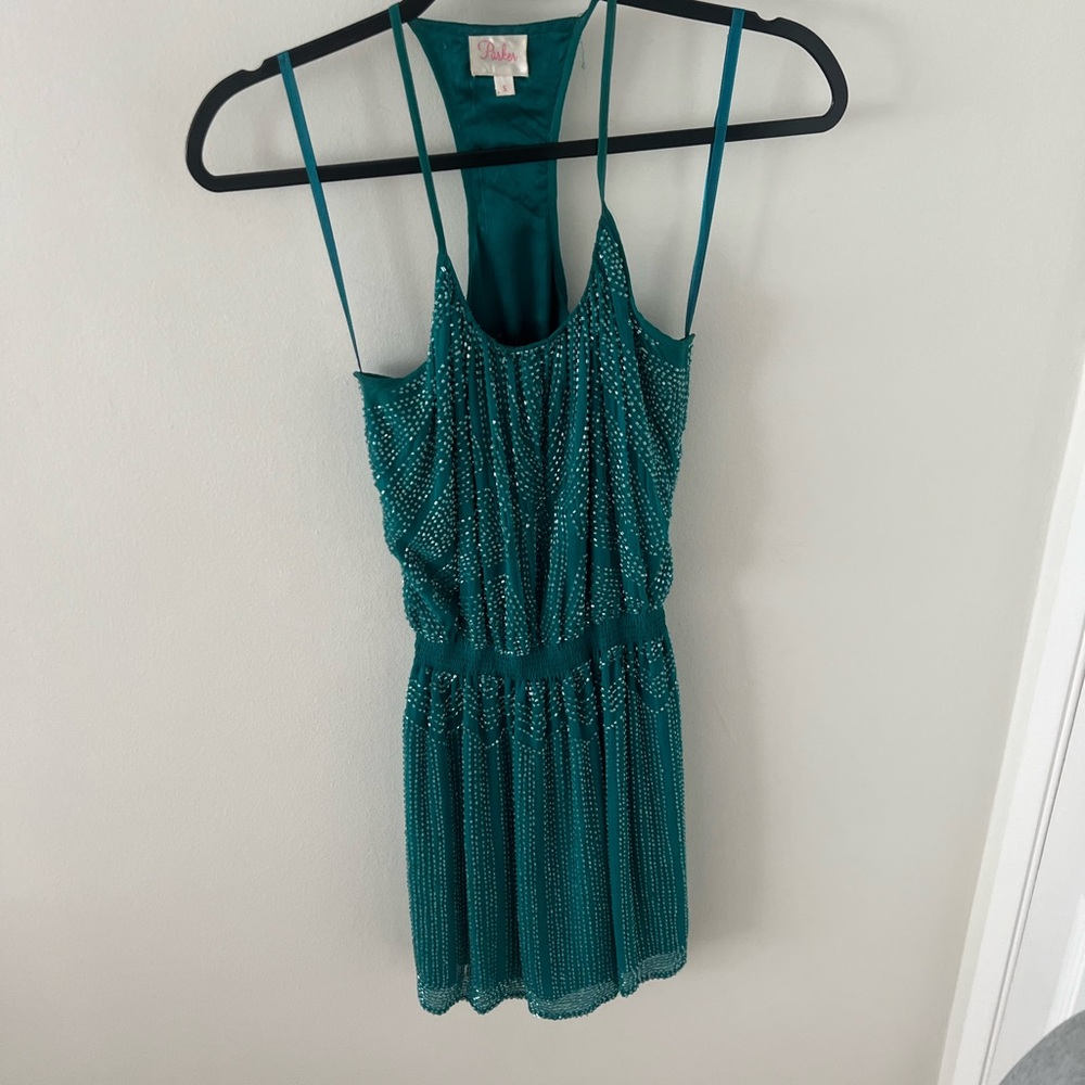 Parker Mini Dress Womens Small Teal Sequin Holiday Party Event Glam NYE - Picture 8 of 8